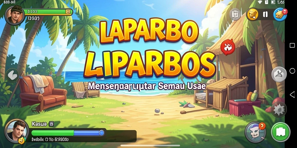 Tampilan antarmuka LAPARBOS dengan desain grafis cerah dan karakter lucu.